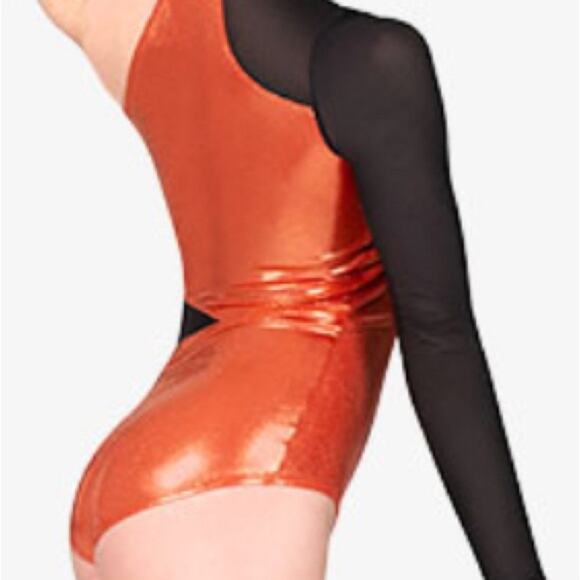 DOUBLE PLATINUM Metallic Performance Leotard Orange black Halter Top NWT YM - Picture 2 of 3